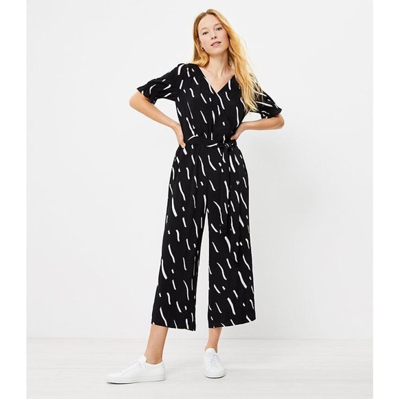 Ann Taylor Pants - LOFT Ann Taylor Medium Brushstroke Wrap Jumpsuit Short Sleeve Black Pants